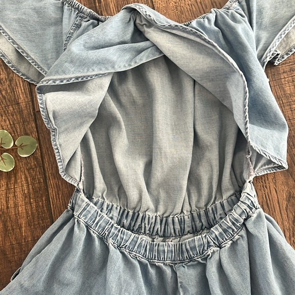 Express Denim Ruffle Off Shoulder Open Back Romper - Picture 6 of 7